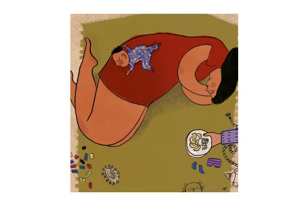 Grafik von schlafender Mutter mit Baby